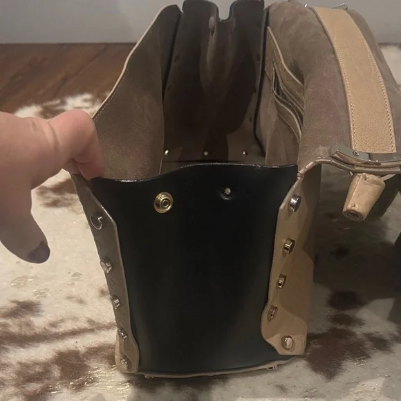 Jimmy Choo Leather Shoulder Bag | Beige & Black | Silver Hardware - Picture 10 of 16